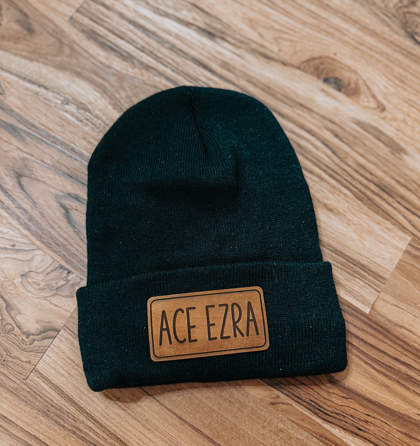 Fleece Lined Beanie - With custom name leather patch