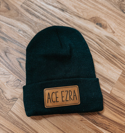 Fleece Lined Beanie - With custom name leather patch