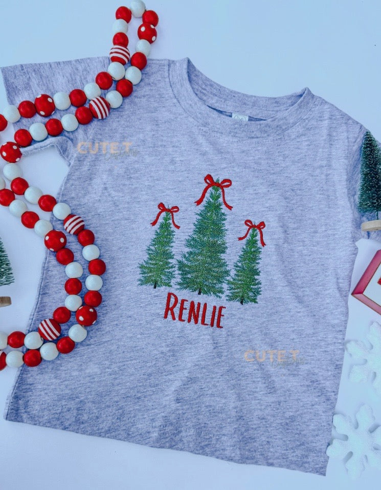 Coquette Christmas Trees Embroidered Toddler / Youth Tee - With name