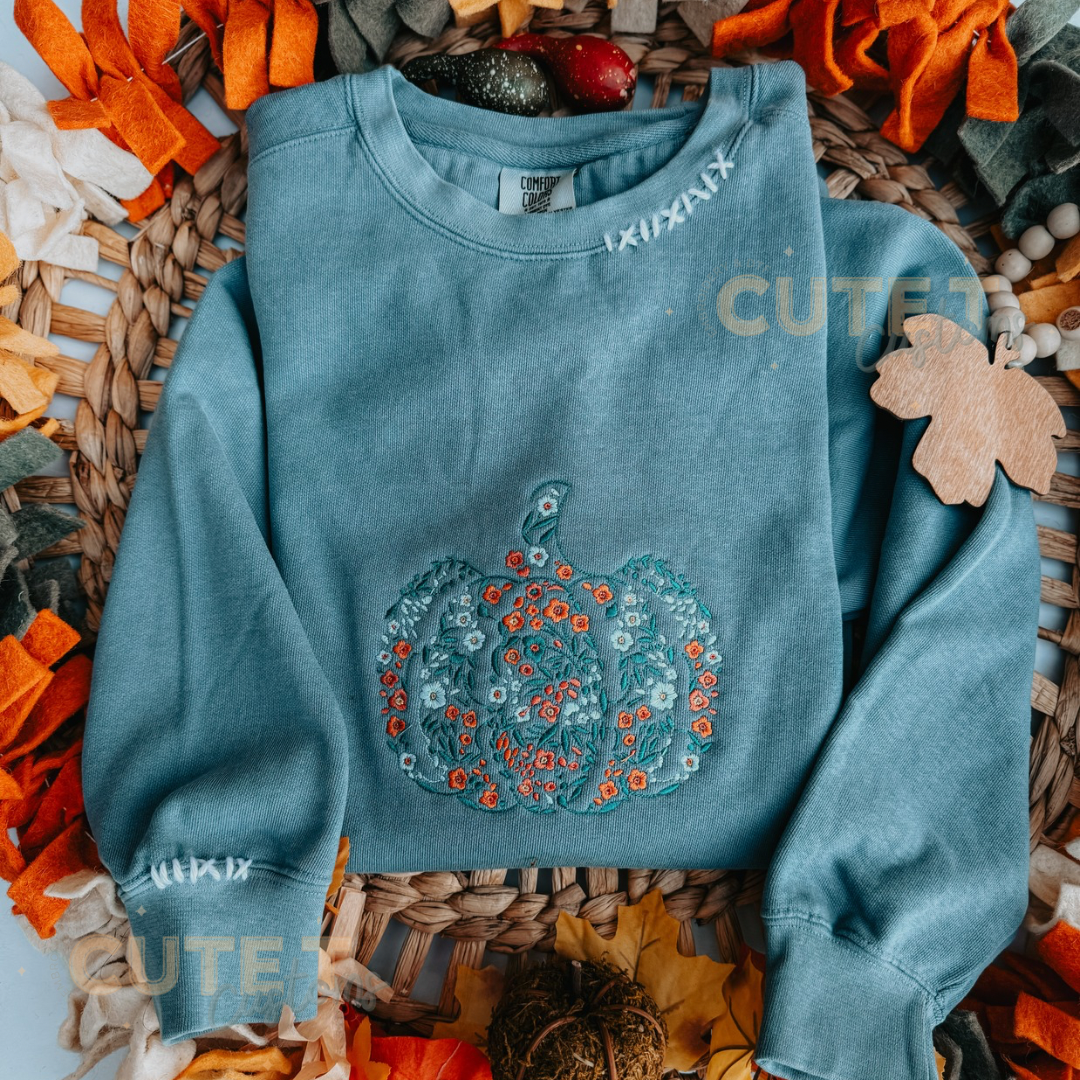 Floral Pumpkin Adult Embroidered -  Long Sleeve Tee or Sweater