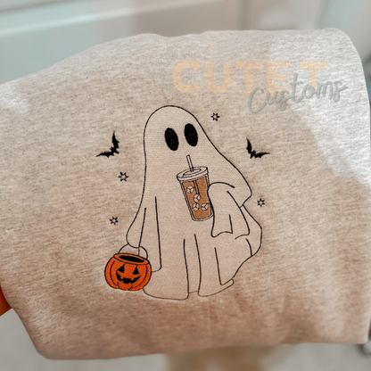 Ghost with coffee -  Adult Embroidered Long Sleeve Tee or Sweater